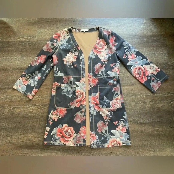 ANTHROPOLOGIE faux suede duster jacket SOLITAIRE Floral open Cardigan sz M chic - Picture 5 of 14